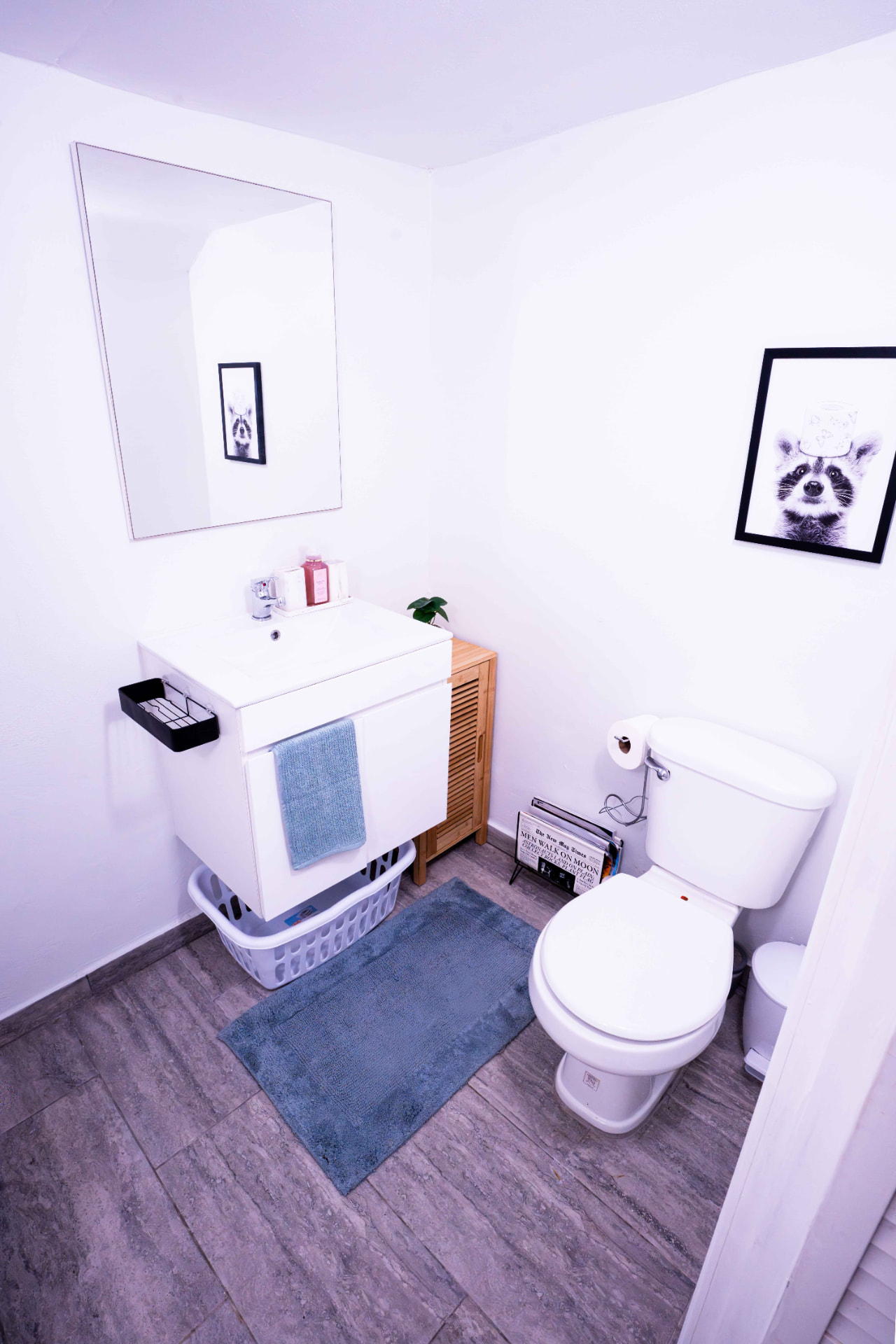Half bathroom with vanity, mirror and playful artwork