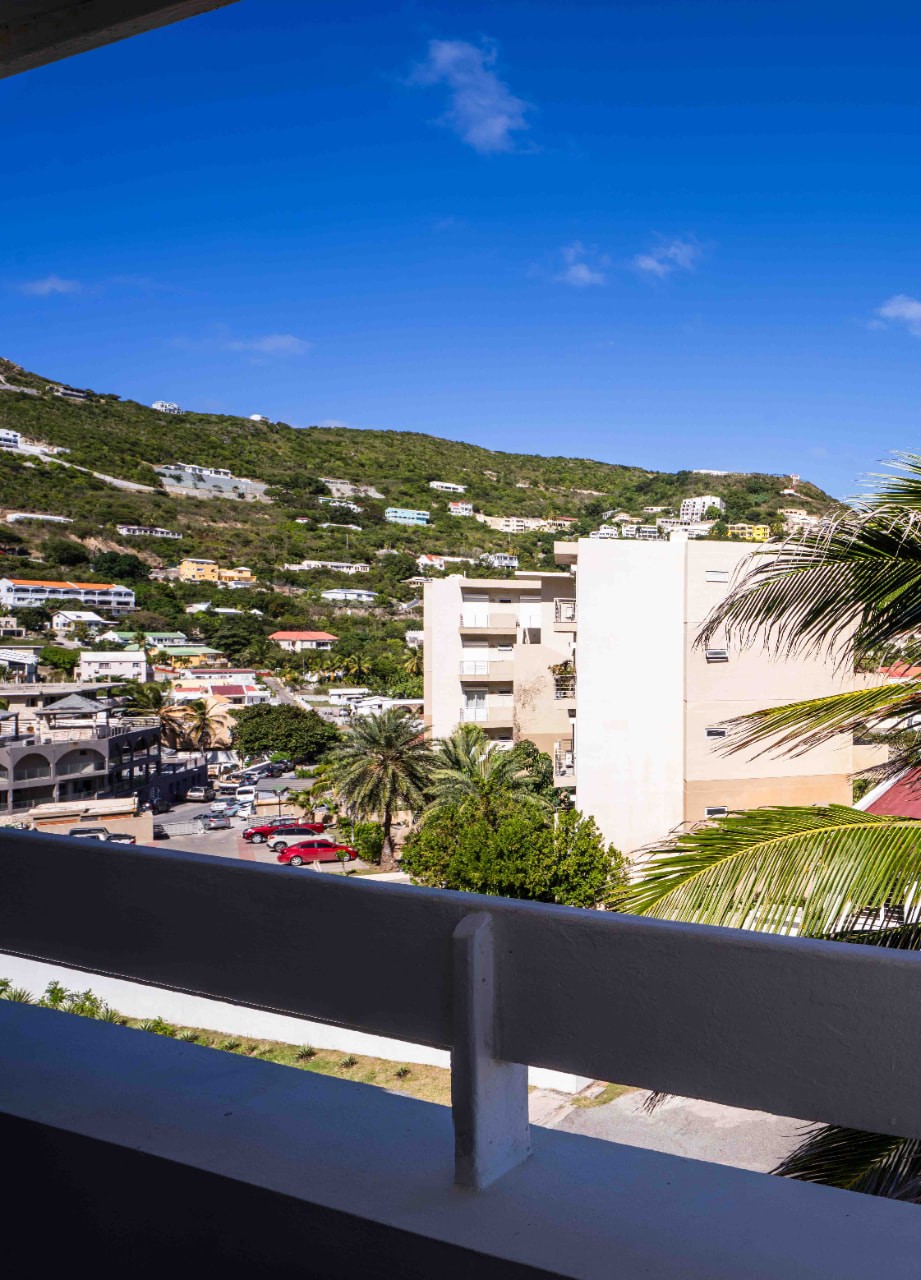 Balcony view across the green hillside above the bay