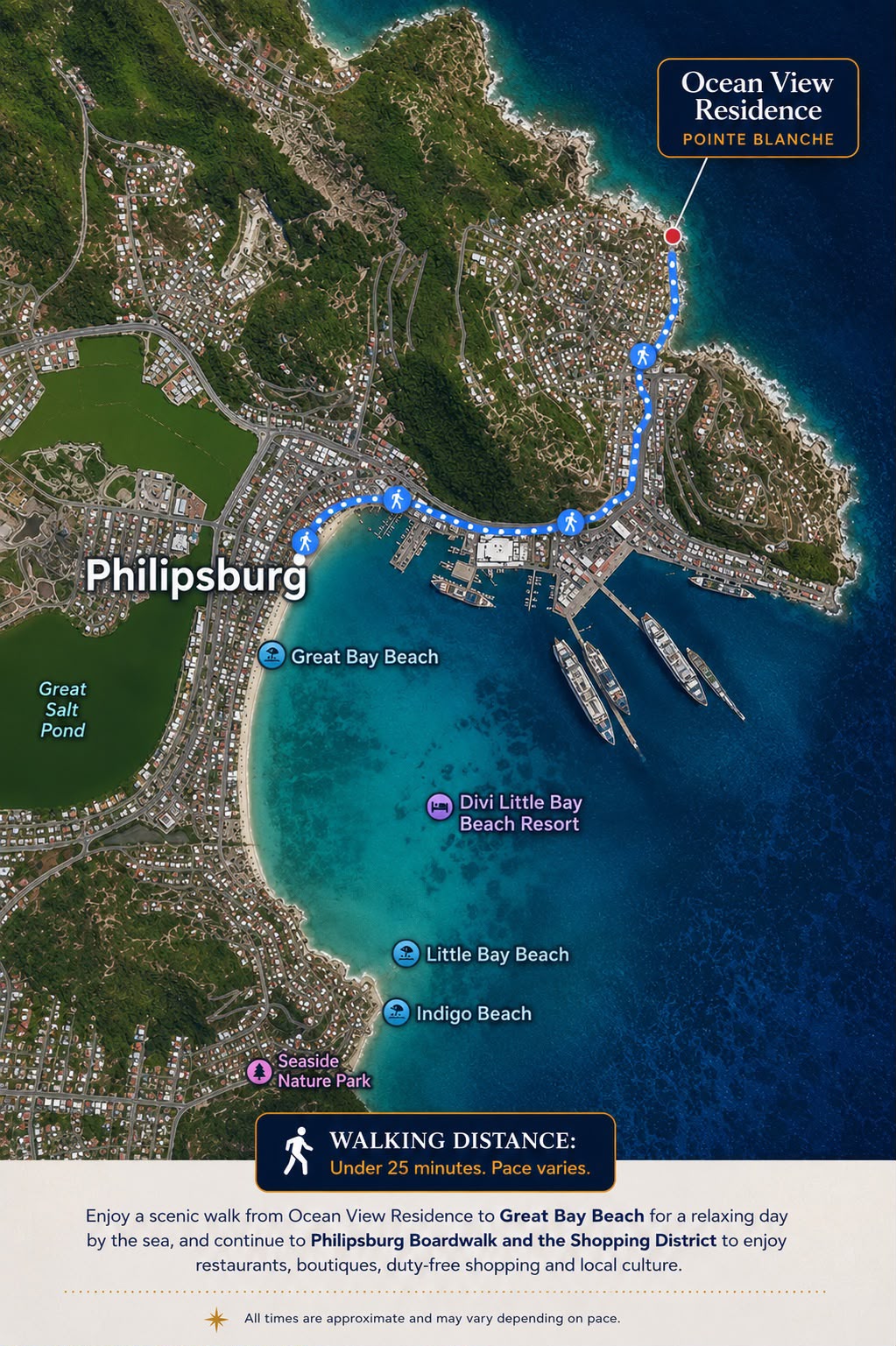 Walking route map from Ocean View Residence to Great Bay Beach and the Philipsburg boardwalk