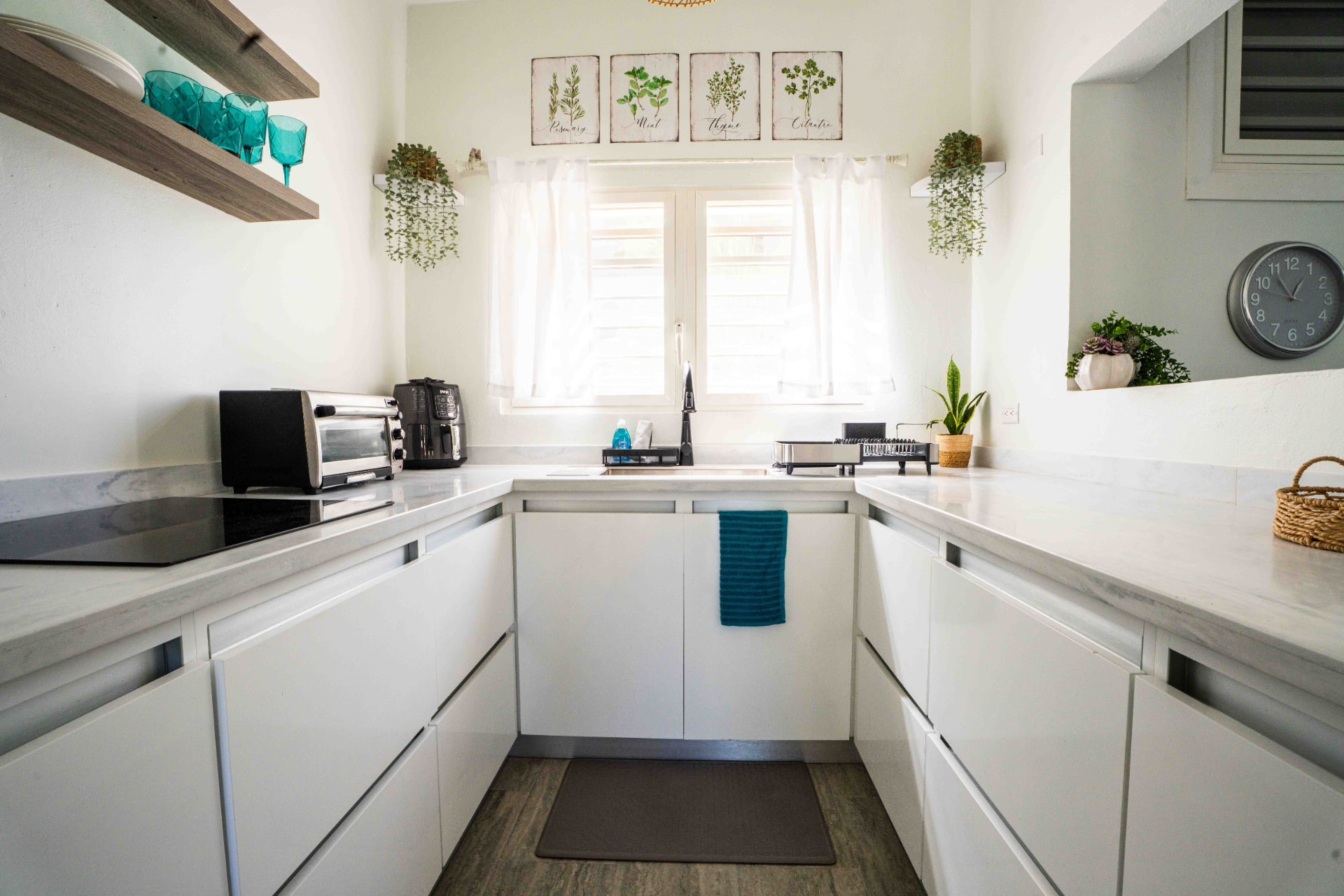 Kitchen counters with toaster oven, air fryer and sink